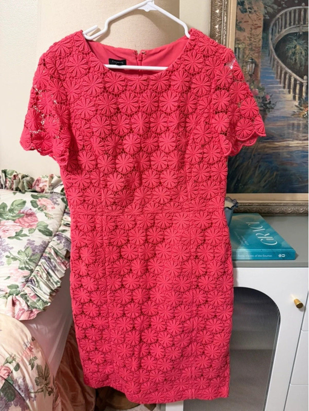 Talbots Coral Floral Lace Crochet Sheath Dress Modest Romantic Feminine